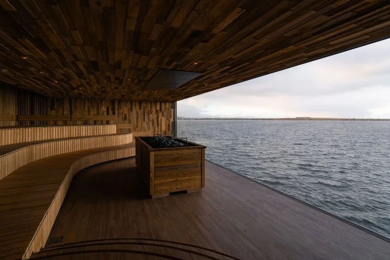 Wood Sauna With Three Tiers and  Wall of Glass