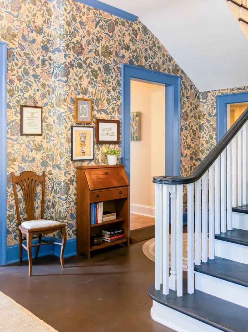 Entryway With Wallpaper and Blue Trim