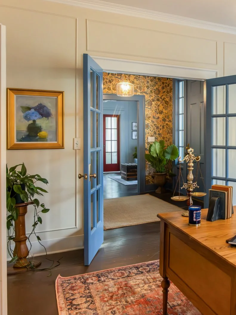Office With Blue French Doors