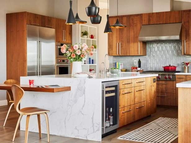 Cozy, Cool Kitchen With Warm Wood Cabinets and an Oversized Island