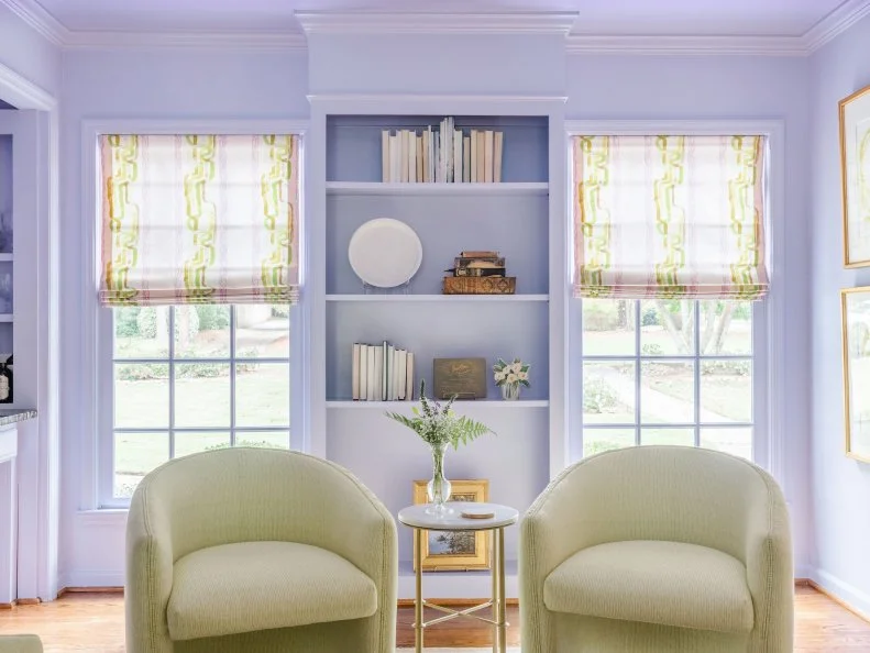 Traditional Purple Den With Built-In Bookshelves