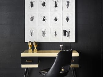 Modern, Black Home Office With Bug Wall Art