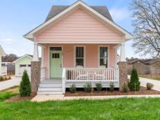 Pastel Pink Home With a Minty Green Front Door