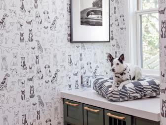 Neutral Mud Room With Dog-Themed Wallpaper and Custom Storage for Pet Bowls