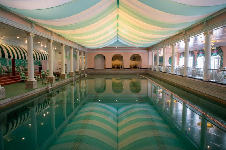 The indoor poolscape designed by iconic decorator Dorothy Draper for West Virginia's the Greenbrier resort.