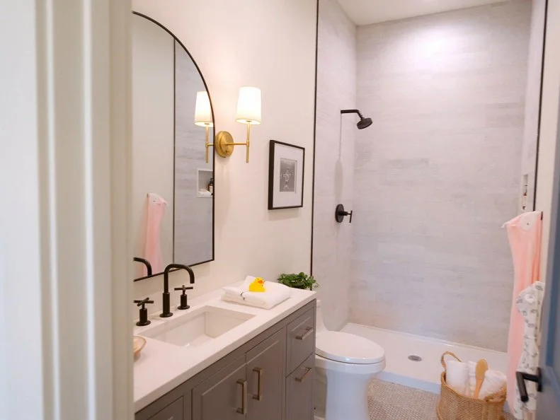 Bryan and Sarah's bathroom from the surprise bedroom challenge, as seen on Rock the Block, season 5.