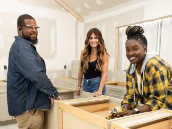 Mentor Alison Victoria stands with Teresa Robinson and Brandon Parker during the kitchen renovation, as seen on Battle on the Beach, Season 4.