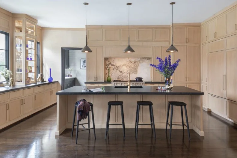 Island With Barstools in Large Contemporary Neutral Kitchen