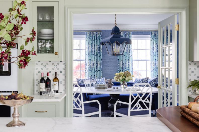 Blue and White Dining Room Off of Kitchen