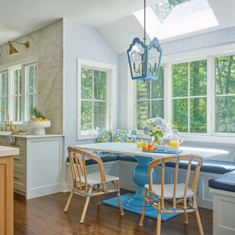 Kitchen Window Banquette With Blue Accents