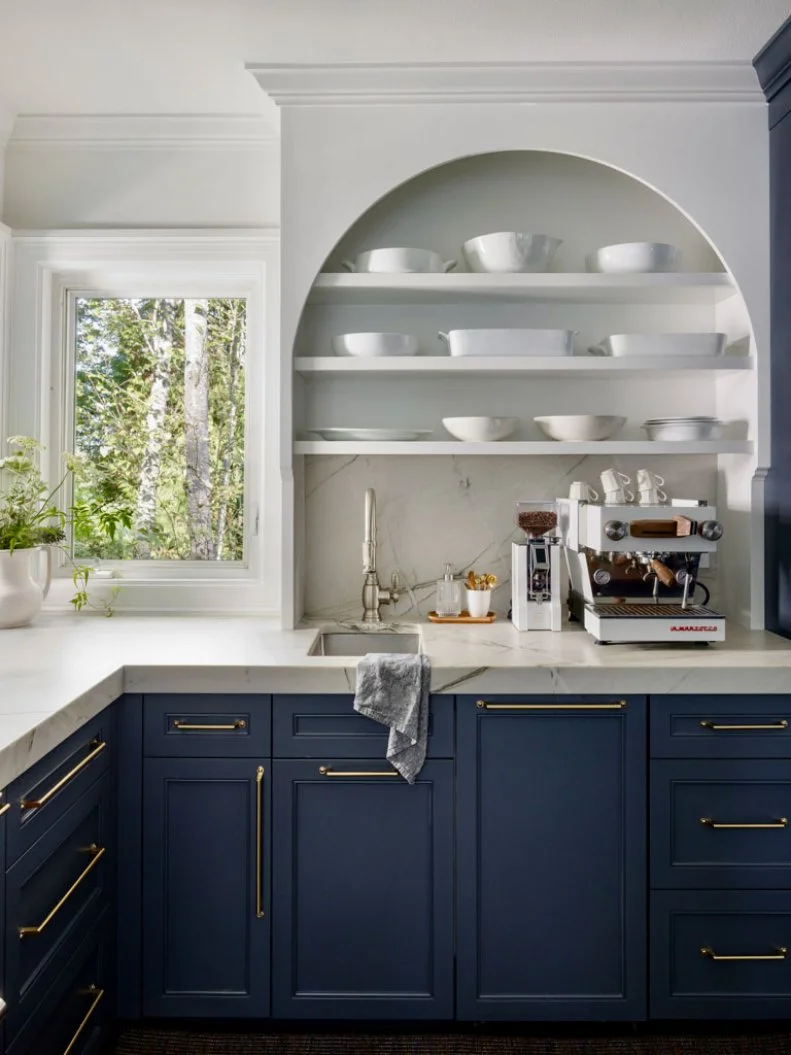 Arched Shelving Unit in Neutral Contemporary Kitchen