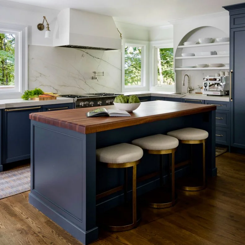 Three Barstools at Blue Island in Neutral Contemporary Kitchen