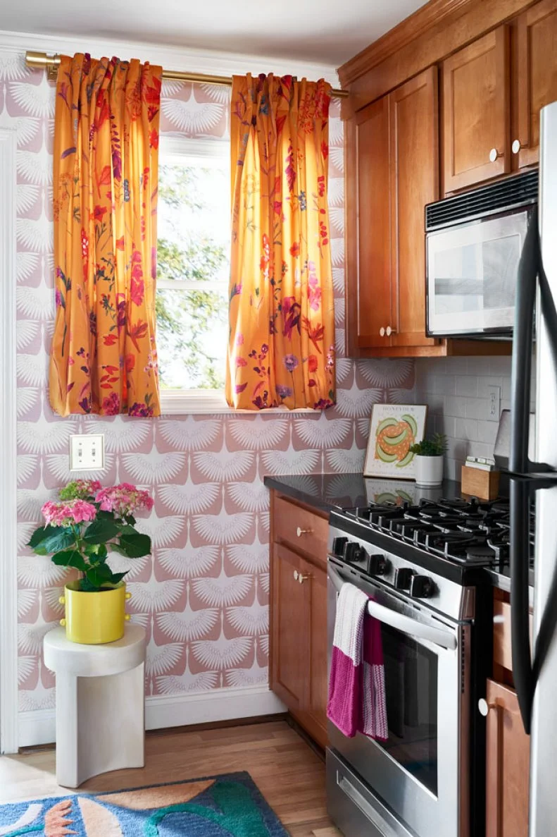 Eclectic Kitchen With Pink Wallpaper