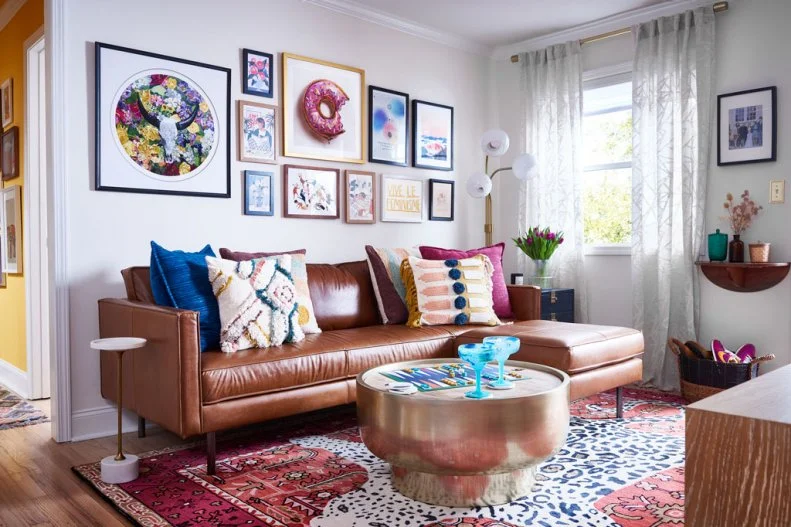 Colorful, Midcentury Living Room With Gallery Wall