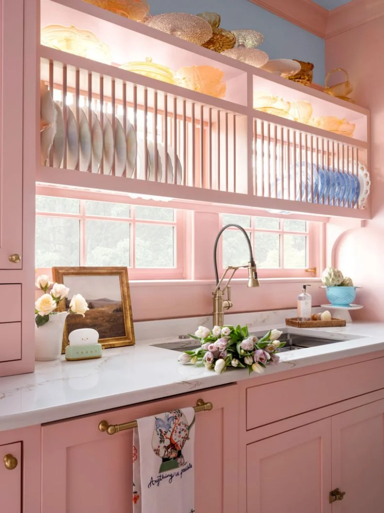 Retro Pink Kitchen With Original Dish Rack