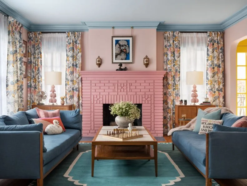 Vintage-Inspired Pink and Blue Living Room 