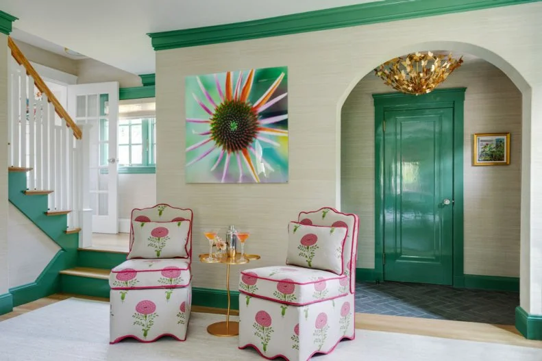 Preppy Entry With Green Front Door and Molding