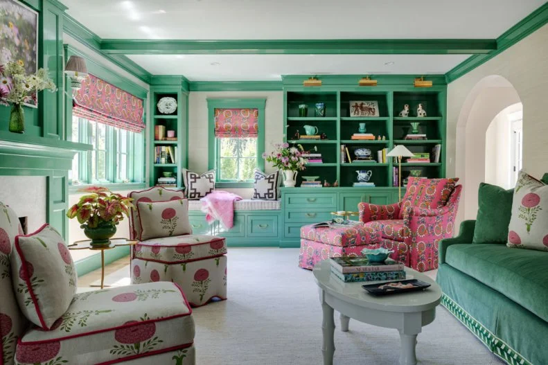 Formal Living Room With Pink and Green Accents 