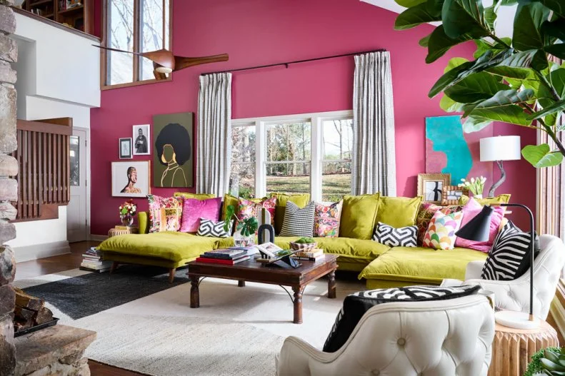 Large Green Sectional Sofa in Pink Transitional Living Room