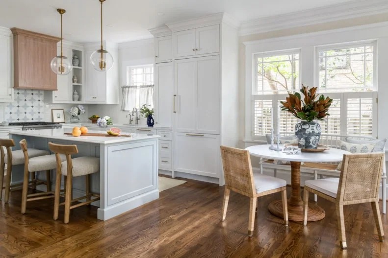 Banquette and Chairs in White Transitional Kitchen Breakfast Nook