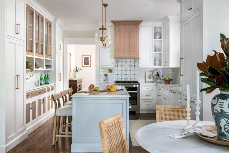 Round Table Near Island in White Transitional Kitchen