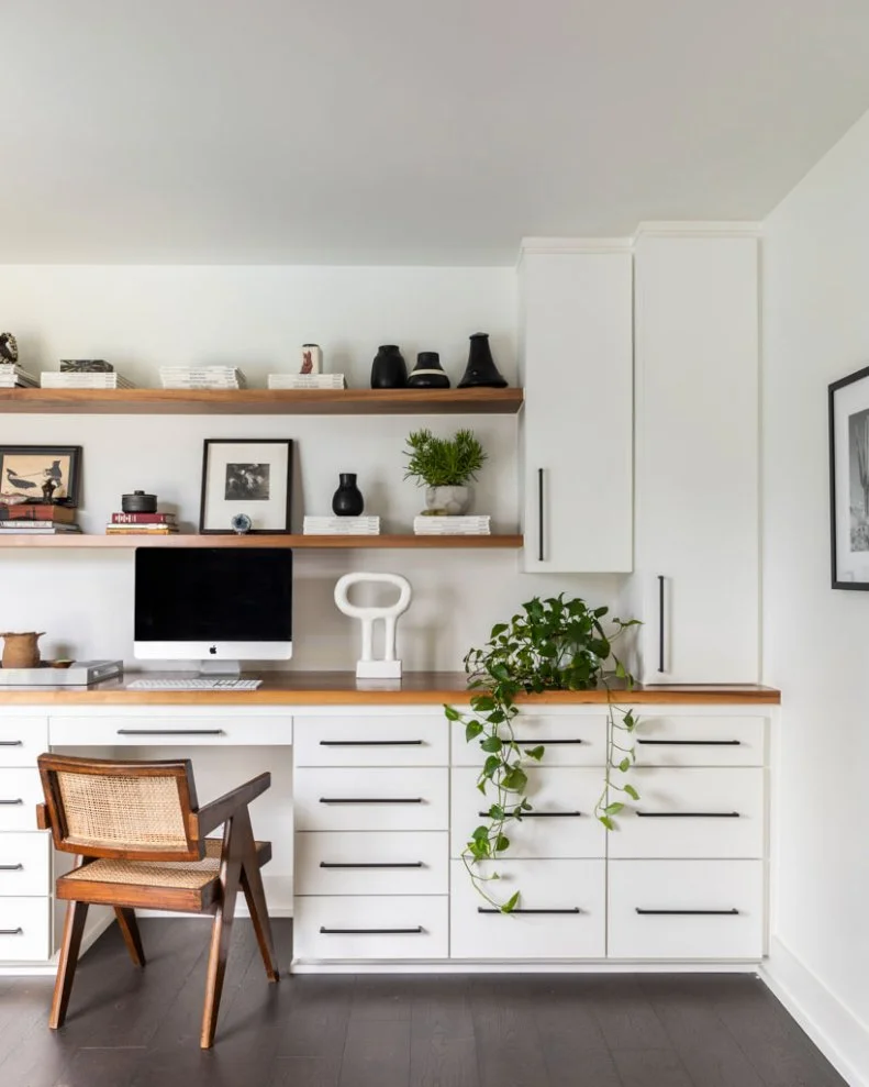 Wall-Length Built-In Desk in White Contemporary Home Office