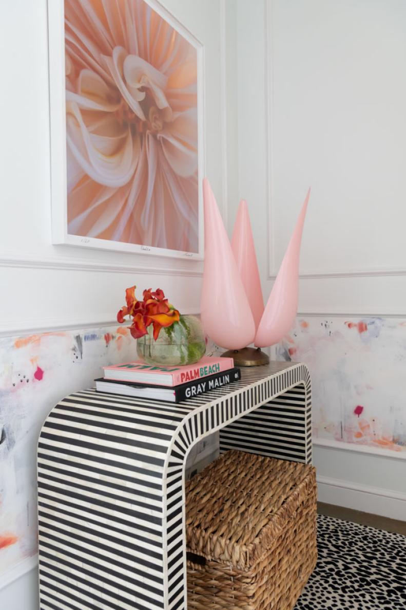 Pink and White Entry With Funky Lamp