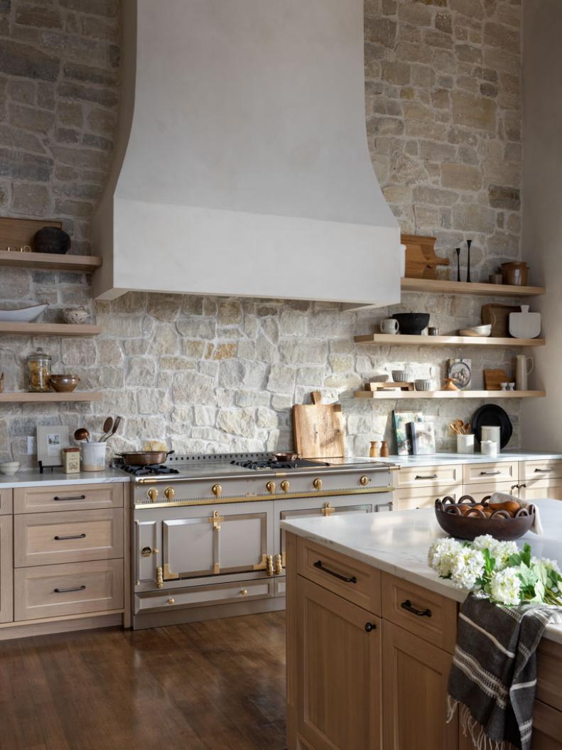 European Kitchen With Stone Feature Wall.