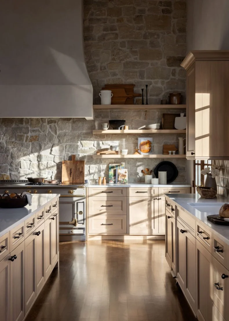 European-Style Kitchen With Stone Accent Wall