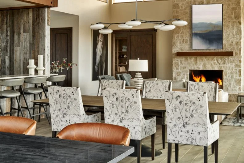 Dining Area With Gray Floral Chairs
