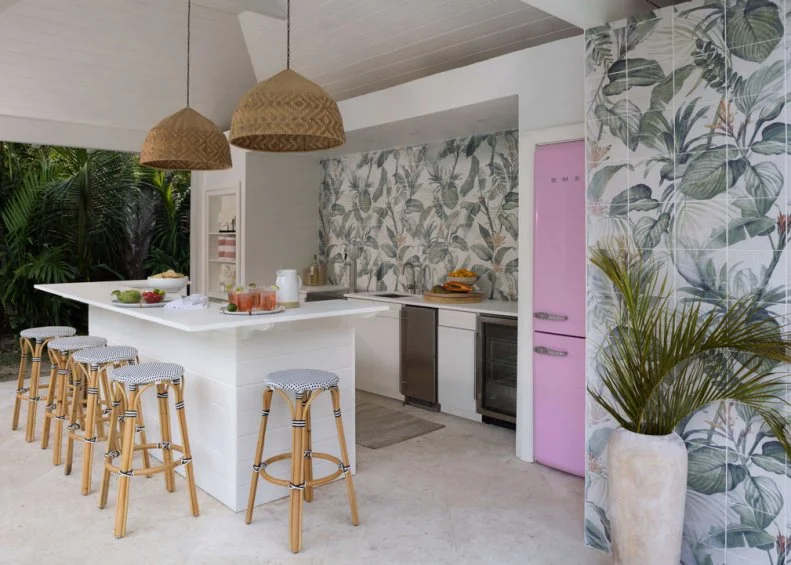 Rattan Pendant Lights Over Outdoor Bar
