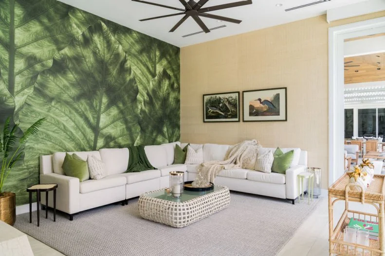 Tropical Living Room With Palm Leaf Mural