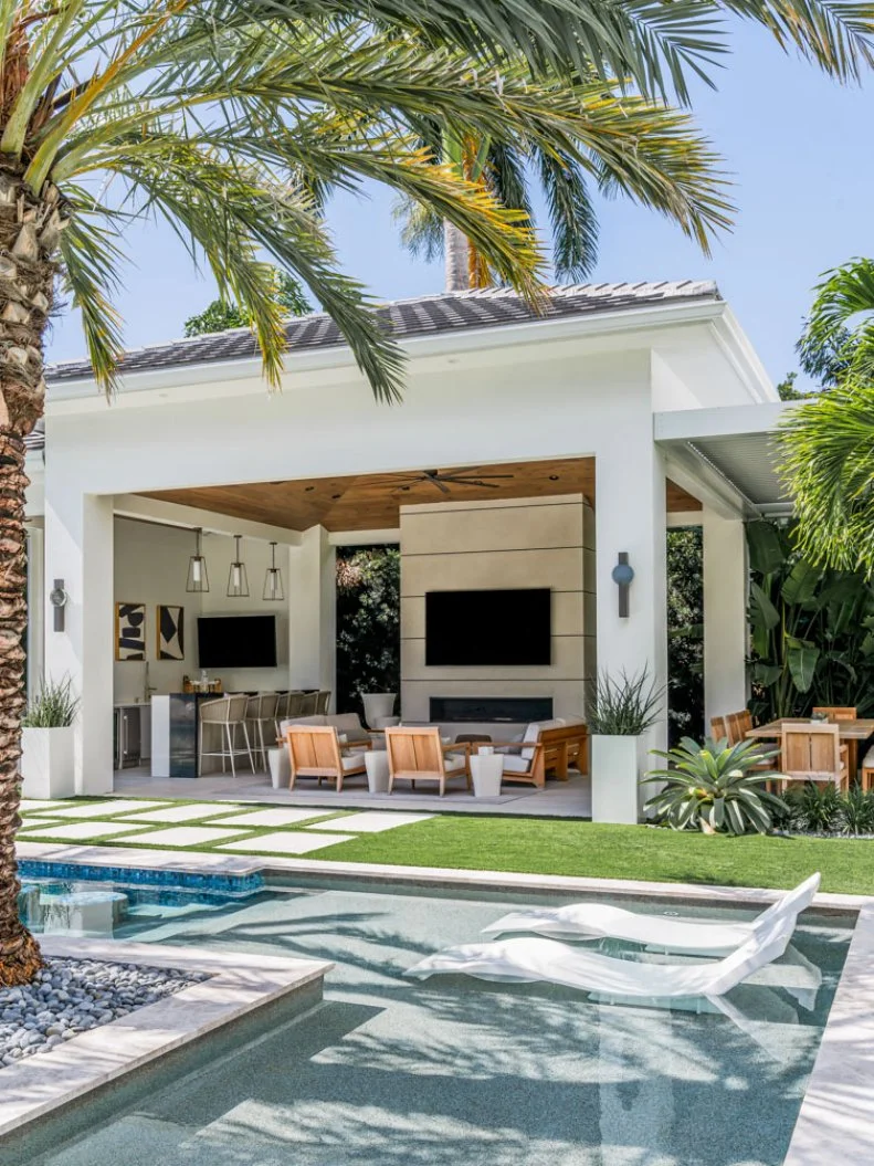 Cabana With Outdoor Kitchen, Living Room, and Dining Space