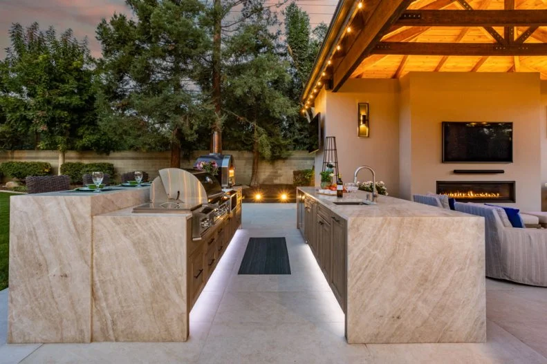 Dual 12-Foot Islands in Neutral Contemporary Outdoor Kitchen