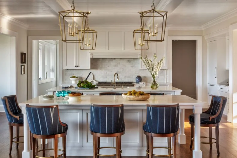 Lantern-Style Pendant Lights in Neutral Transitional Kitchen