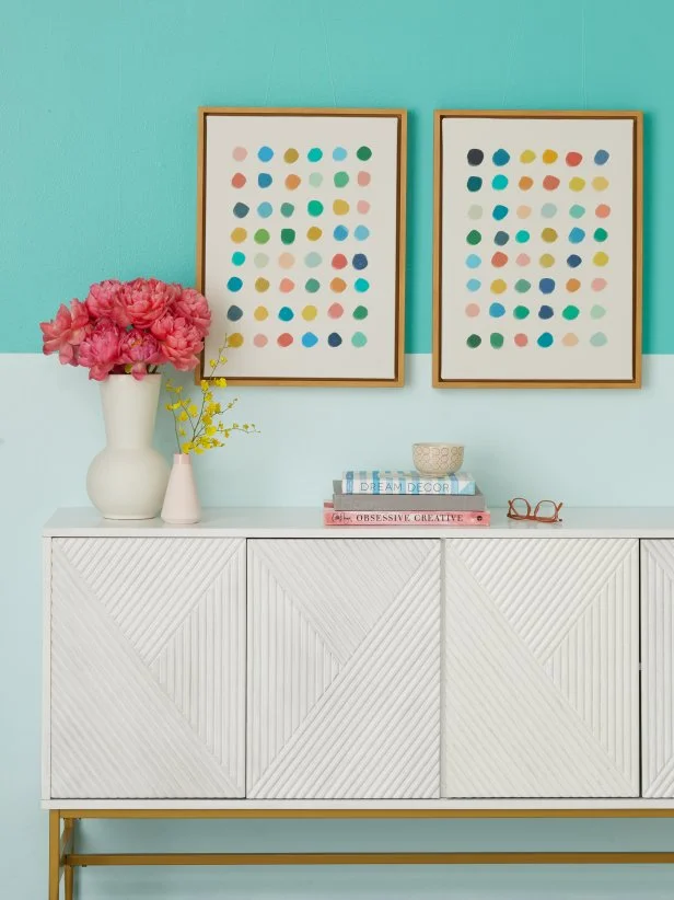 Colorful Entry With Aqua and Light Blue, Color-Blocked Walls