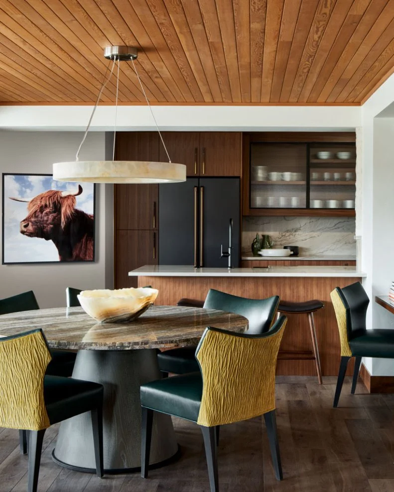 Wood-Paneled Ceiling in Neutral Transitional Great Room