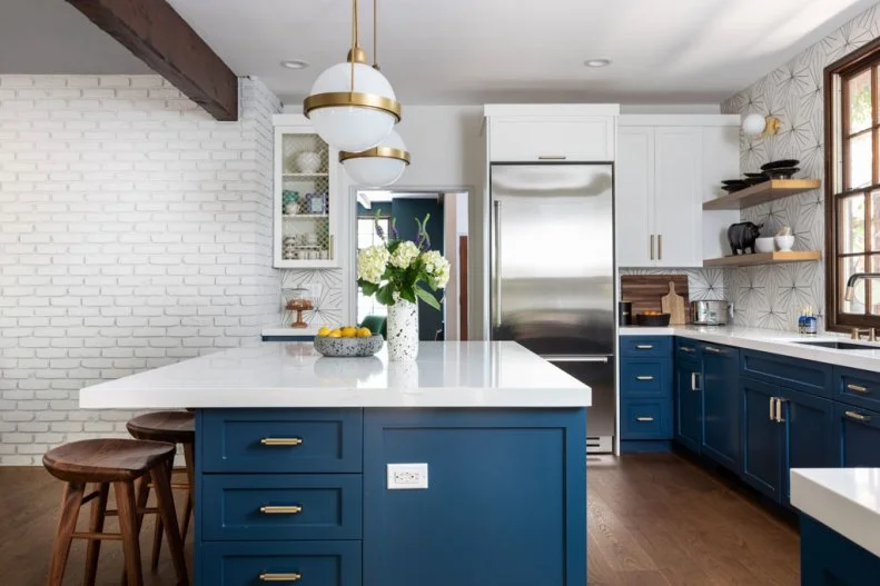 White Kitchen With Blue Island