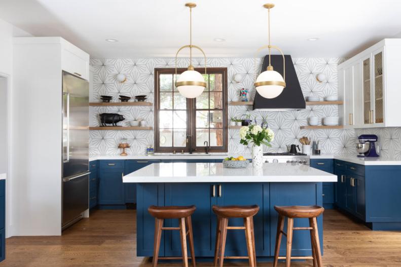 Blue and White Kitchen With Graphic Backsplash