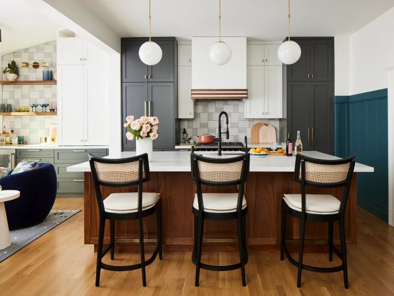 Open-Concept Kitchen With White and Gray Cabinets and an Island