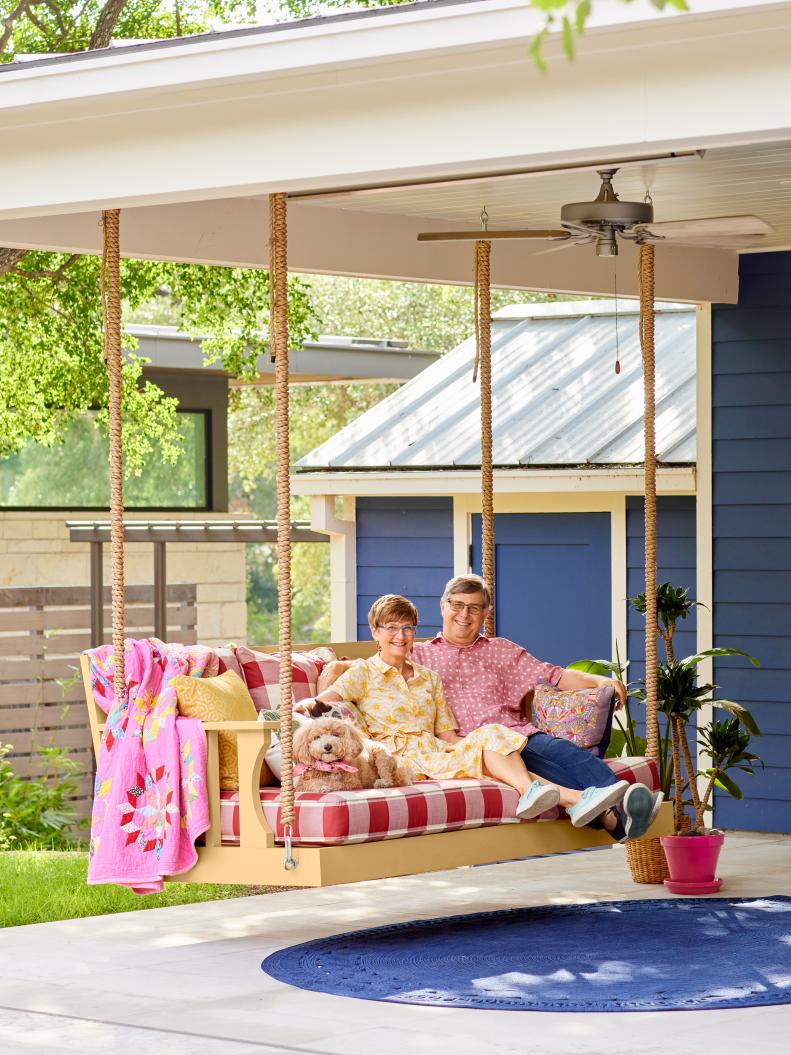 Multicolor Patio With a Large Swing Chair and an Outdoor Rug