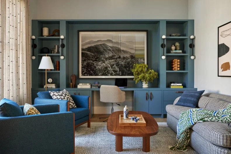 Sitting Area in Home Office With Built-In Desk and Storage