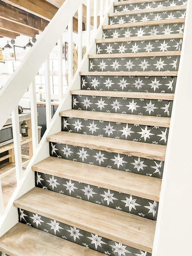 Black and White Painted Stairs With a Tile Pattern