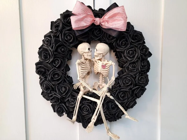 Kissing Skeletons in a Black Rose Halloween Wreath