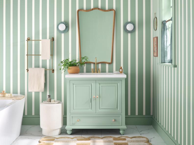 Pale Green Bedroom With Painted Stripes