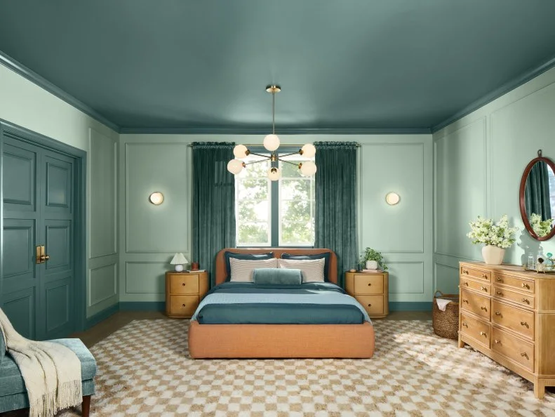 Blue Bedroom With Green Ceiling and Doors