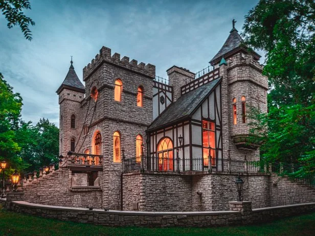 Tudor-Style Stone Castle With a Drawbridge