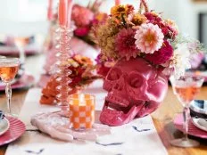 Pink Halloween Table Setting With Skull