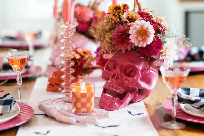 Pink Halloween Table Setting With Skull