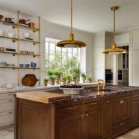 White Kitchen With Brass Shelving